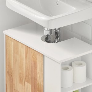 SoBuy Waschbeckenunterschrank BZR75-W, weißes Holz mit 2 offenen Fächern unter einem Waschbecken.