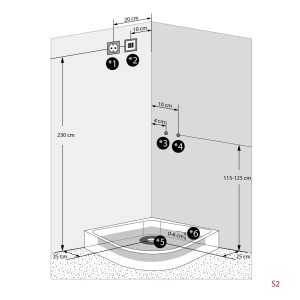 Skizze der AcquaVapore Dampfdusche D46-53M2-EC 90x90 mit Maßangaben zu Anschlüssen.