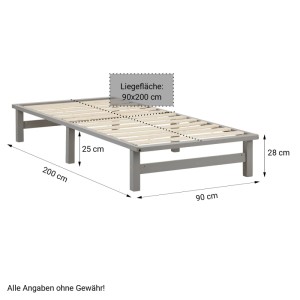 Graues Homestyle4u Einzelbett 90x200 cm aus Kiefernholz im Paletten-Design mit Lattenrost und Maßen.