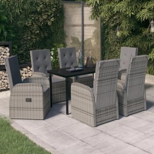 7-tlg. Garten-Essgruppe vidaXL grau mit Rattanstühlen, Tisch mit Glasplatte und grauen Kissen.