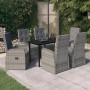 7-tlg. Garten-Essgruppe vidaXL grau mit Rattanstühlen, Tisch mit Glasplatte und grauen Kissen.