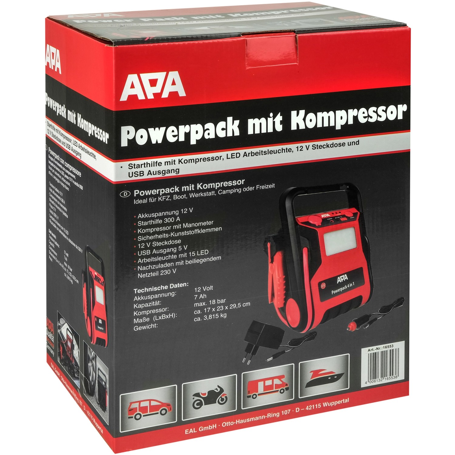 APA Starthilfe Powerpack 300 A mit Kompressor im Karton, Zubehör inklusive.