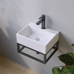 Rechteckiges, weißes Aquabatos Aufsatzwaschbecken mit Armatur und schwarzem Metallgestell.