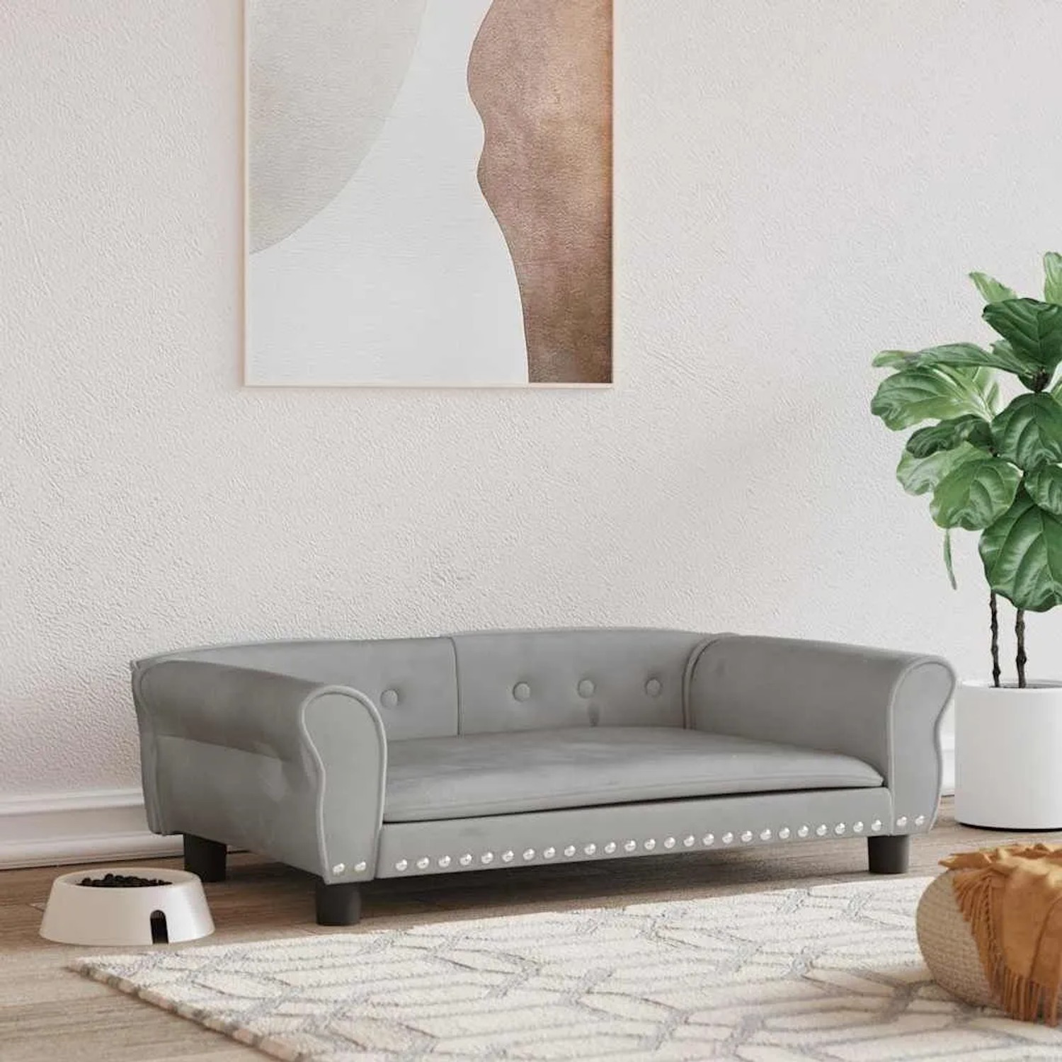 Hellgraues Samt Hundebett im Sofa-Stil mit Zierknöpfen und Nieten, 95x55 cm, für Haustiere.