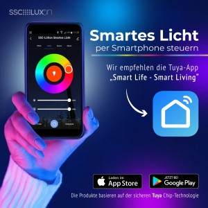 SSC-LUXon Smart Aufbauspot: Steuerung per Smartphone-App mit Farbauswahl.