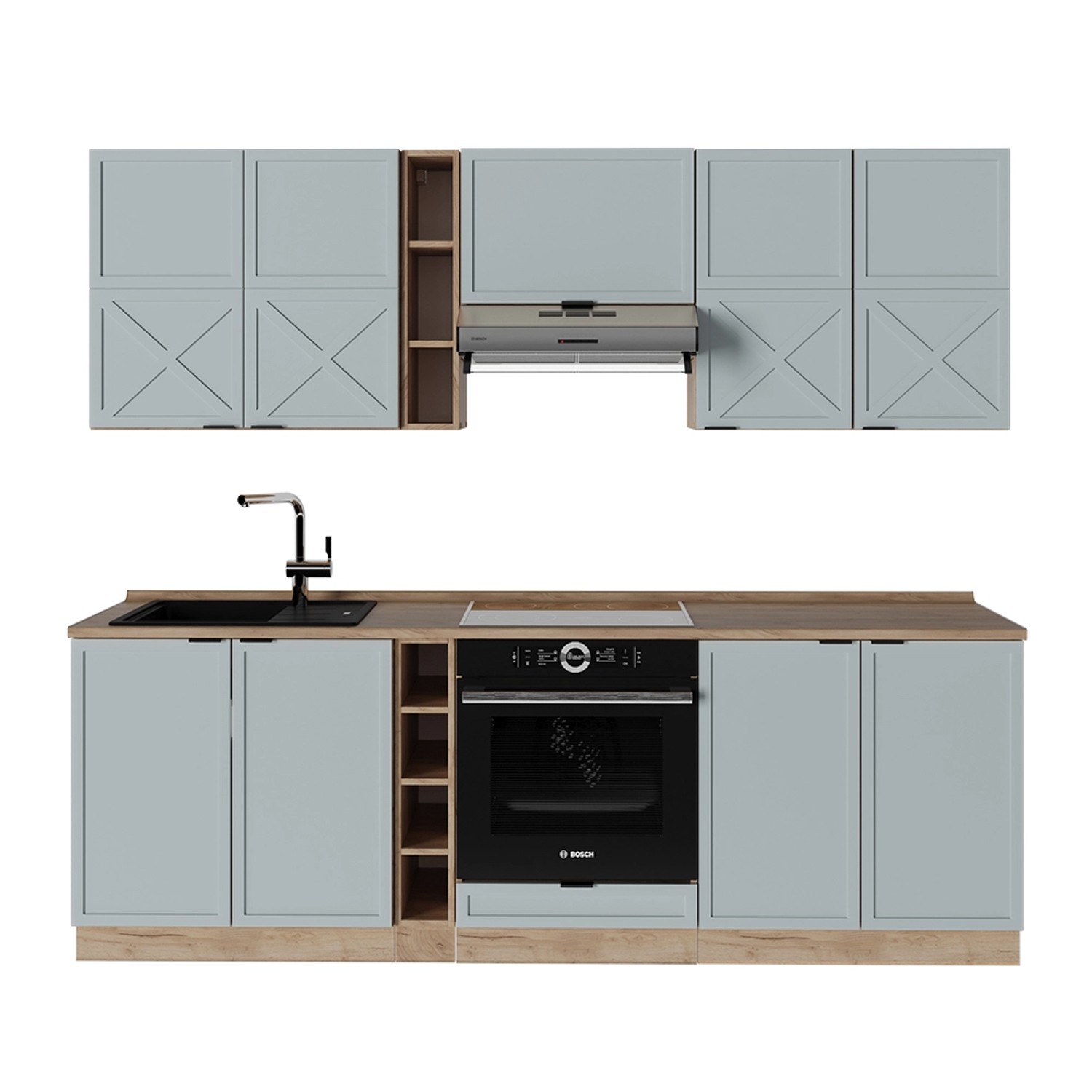 Vicco Fame-Line Küchenzeile Hellblau-grau/Goldkraft Eiche 235 cm AP Eiche günstig online kaufen