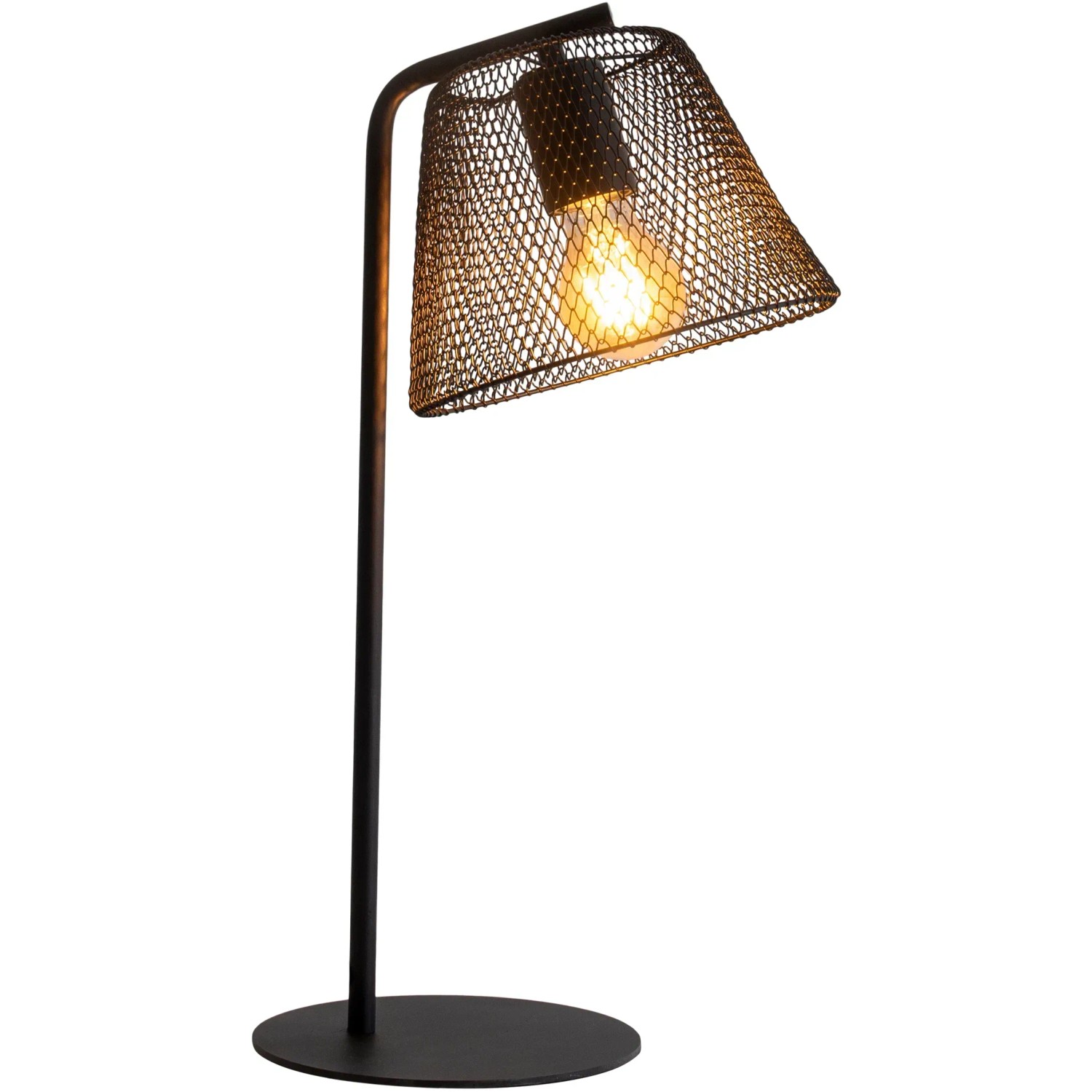 Näve Tischleuchte Korie, 50 cm, im Industrial Style mit schwarzem Metallfuß und Drahtschirm.