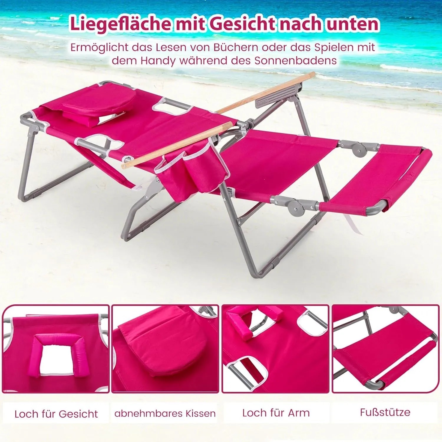 Pinke klappbare Strandliege mit Gesichtsausschnitt, Armlöchern und Fußstütze am Strand. Ideal zum Sonnenbaden.