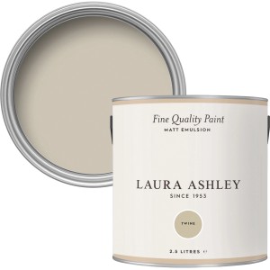 Laura Ashley Wandfarbe Twine Beige, 2,5l Dose und Farbmuster im Deckel.
