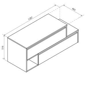 Skizze des Fackelmann Waschbeckenunterschranks Vita in Oak/Weiß, mit Maßen 128,7x51,6x46,5 cm.