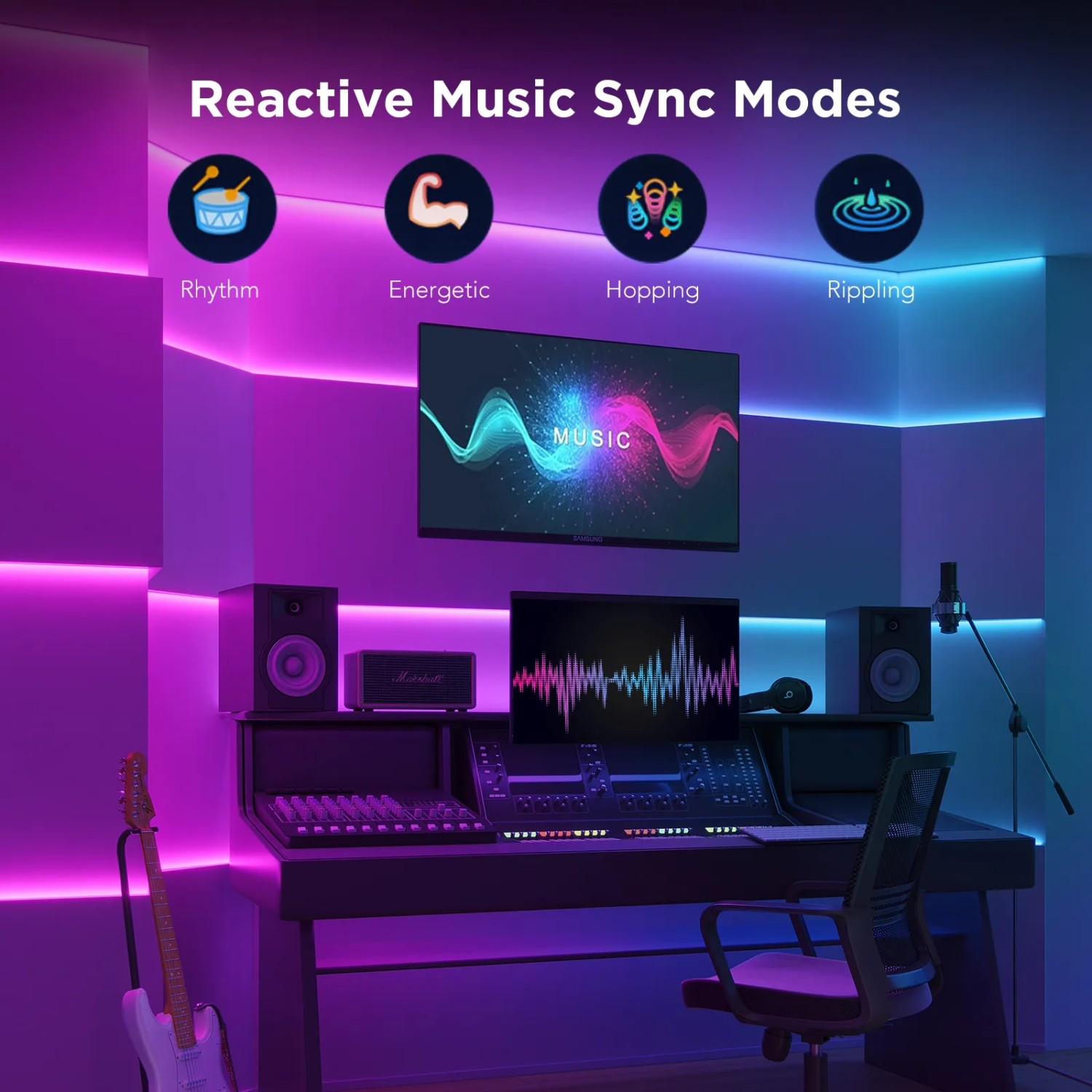Govee LED-Leuchtband H612A S 5 m im Musikstudio mit RGBICW Beleuchtung.