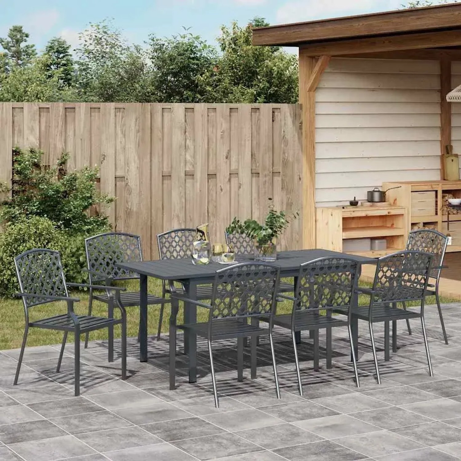 9-teilige vidaXL Garten Essgruppe aus Stahl in Anthrazit. Gartentisch mit 6 Stühlen für den Außenbereich.