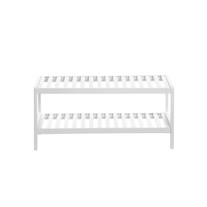 Weißes Songmics Schuhregal aus Bambus mit zwei Ablagen.