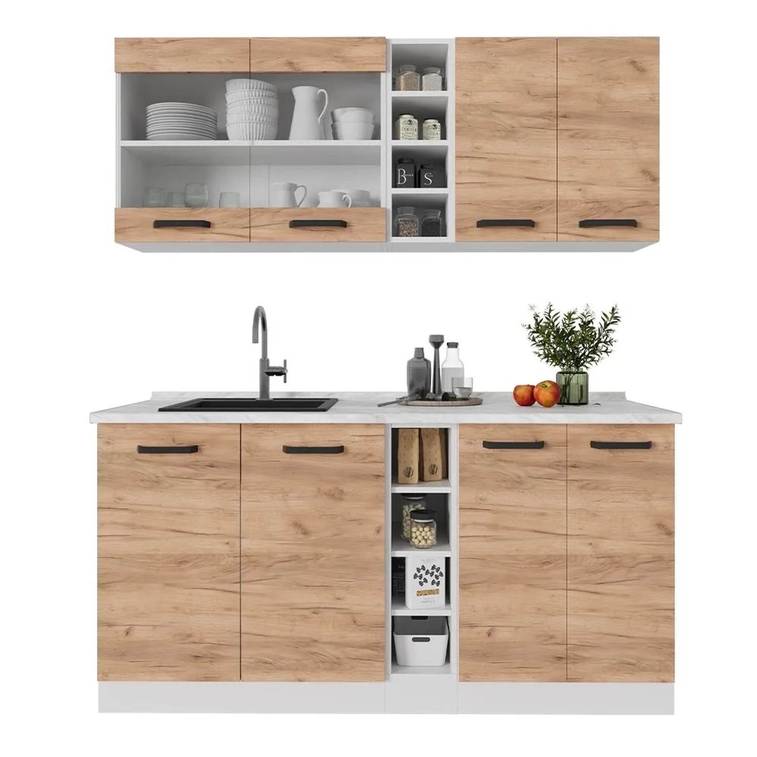 Vicco R-Line Singleküche Goldkraft Eiche Weiß 160 cm AP Marmor ohne E-Geräte