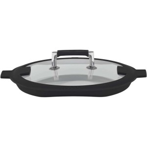 RÖSLE SILENCE PRO Glasdeckel 24 cm mit schwarzem Silikonrand, Metallgriff und Abgießfunktion für Kochtöpfe.