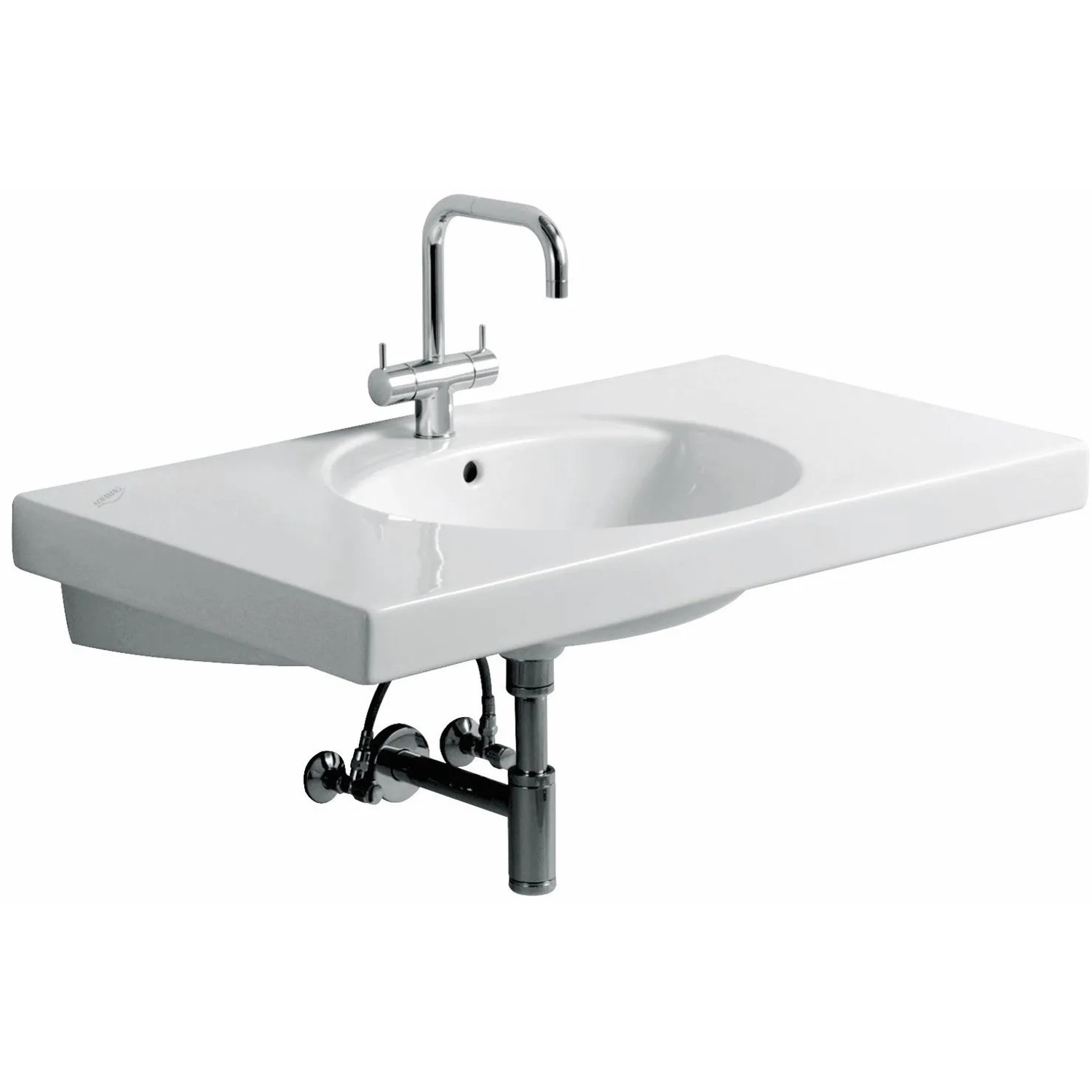 Weißes Geberit Preciosa Waschbecken, 100 cm breit, mit runder Beckenform und großer Ablagefläche.