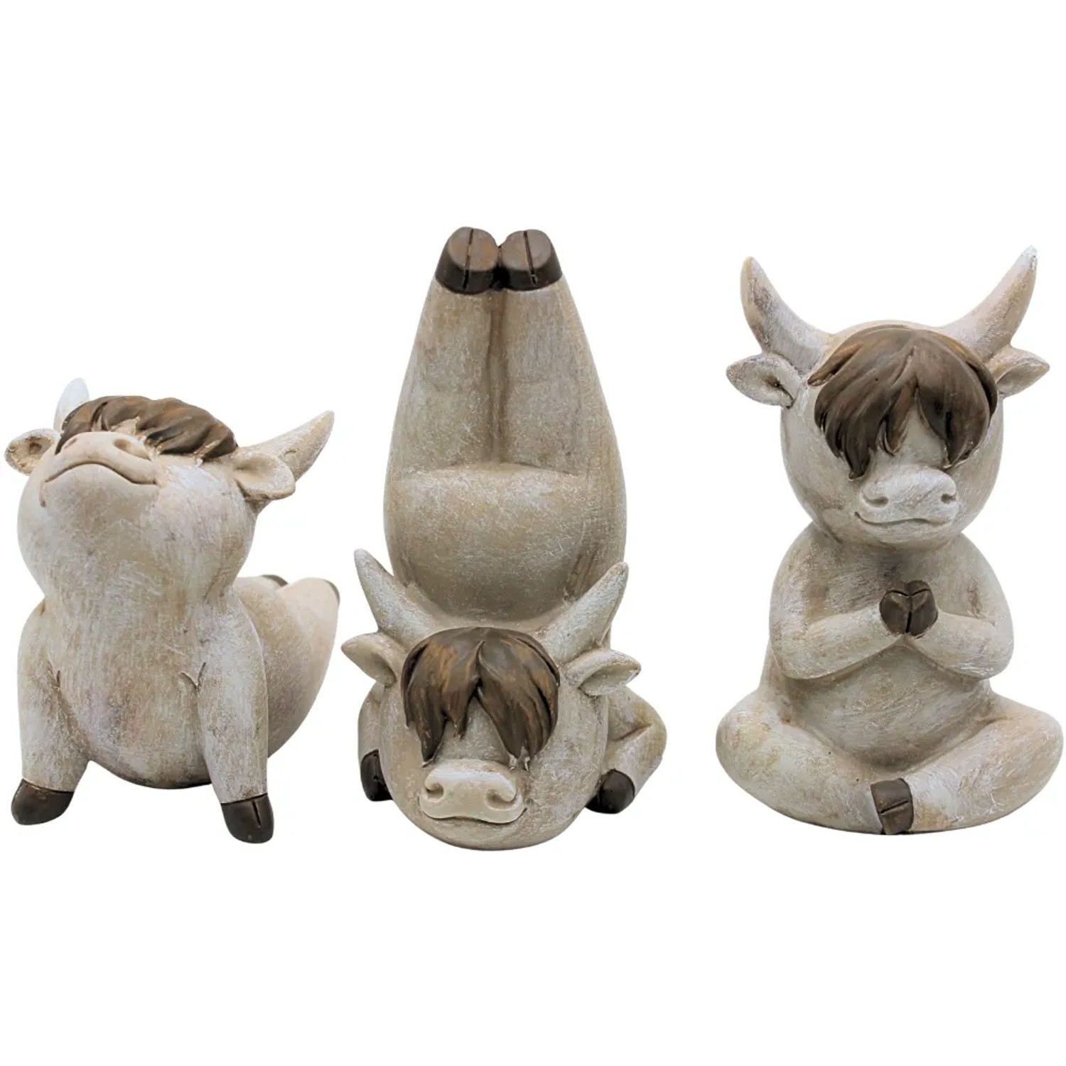 Dekohelden24 3er Set Deko Highlandrinder Highlandrind mit Yogaposen Yoga Highlandrinder Größe L/B/H ca. 10 x 9 x 16 cm