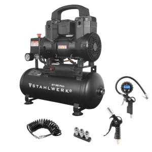 STAHLWERK Kompressor Set: 9L, 8 Bar, Reifenfüller, Schlauch, Pistole, Verteiler.
