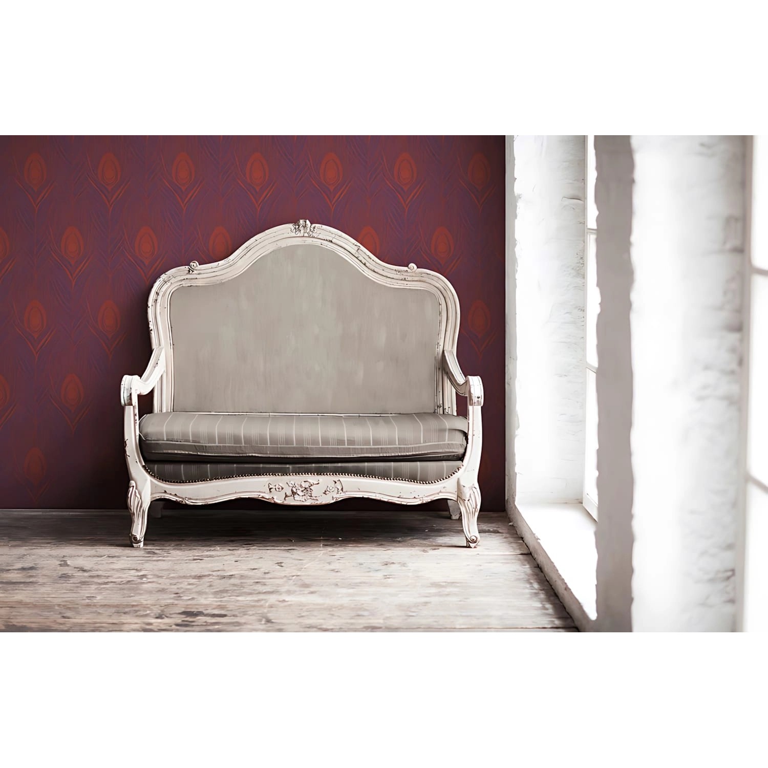 PROFHOME Vliestapete mit Federn in Rot, Violett und Gold. Dekorative Tapete für Wohnräume.