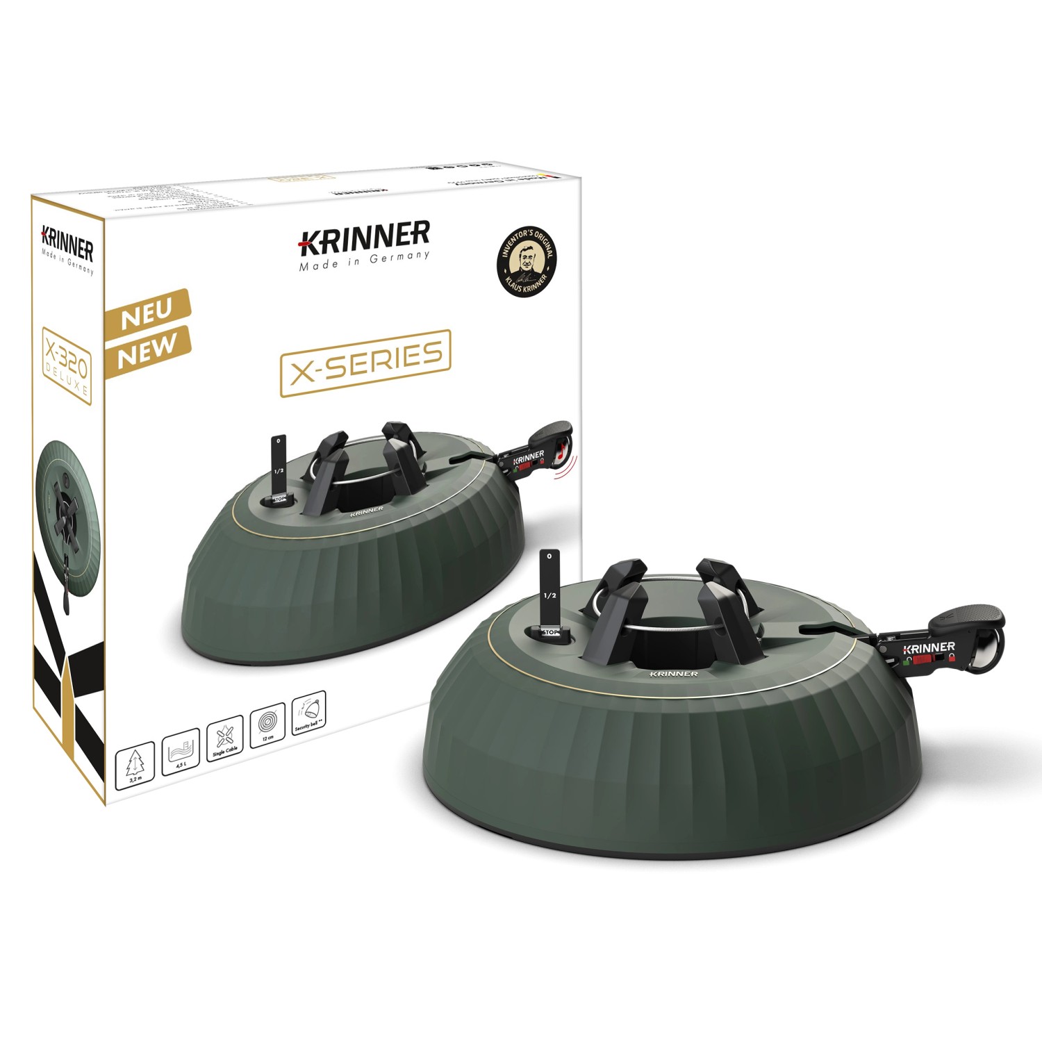 Krinner X-320 Deluxe Christbaumständer, grün, mit Sicherheitsgurt und Wasserstandsanzeige.