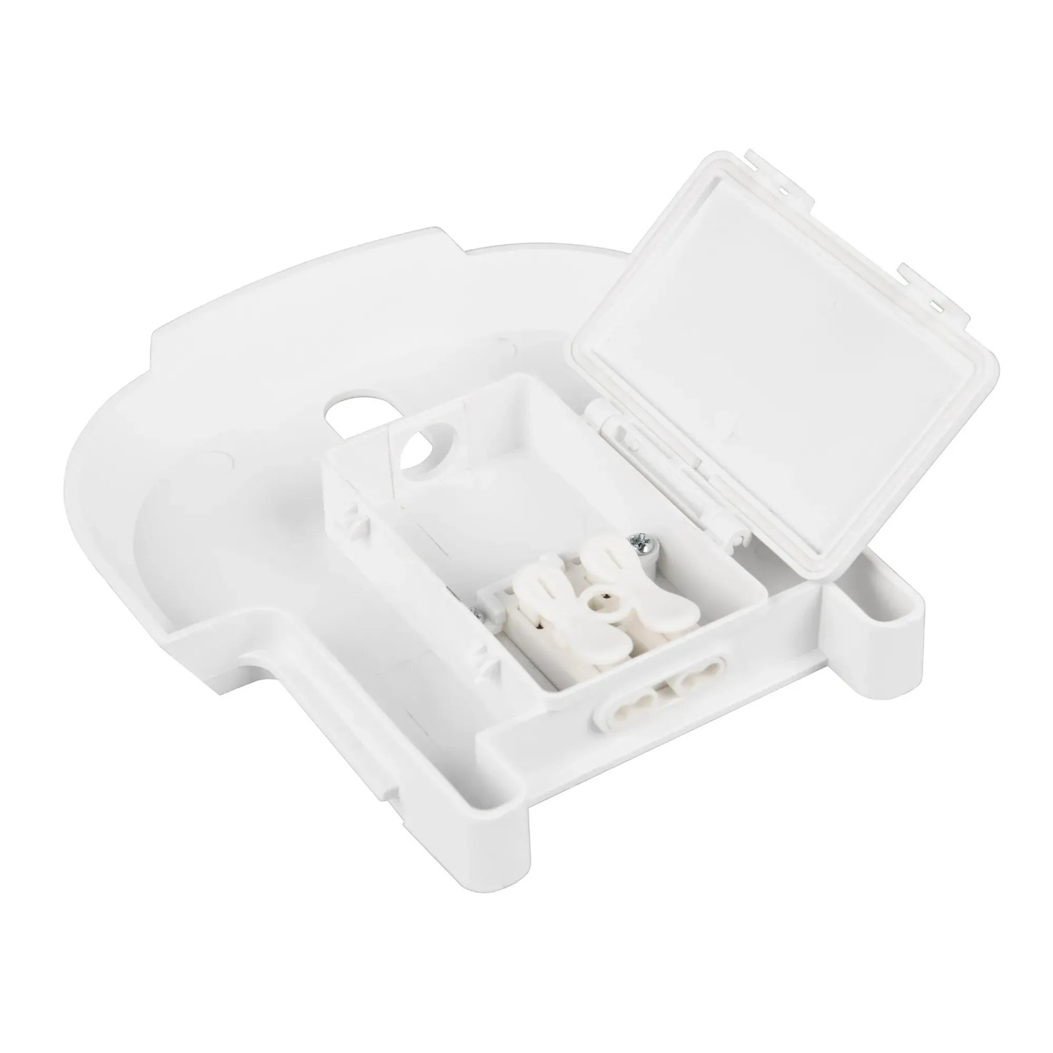 Detailaufnahme der Connect-Box für Reality LED-Deckenleuchte Alioth, weiße Kunststoffausführung.