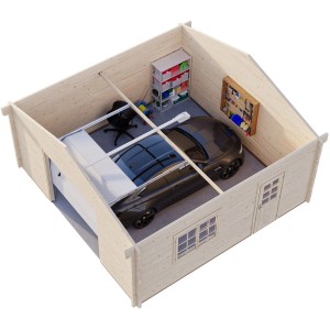 Palmako Holzgarage Roger mit Sektionaltor, naturbelassene Fertiggarage mit Auto, Regal und Werkzeugwand.