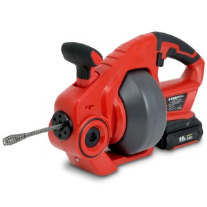 EBERTH Akku-Rohrreinigungsmaschine mit Spirale, rot/schwarz, für Rohre von 2-5cm Durchmesser.