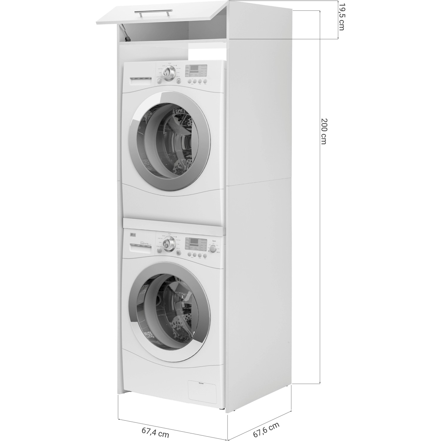 Weißer Respekta Waschmaschinenschrank Clara, 200x67,4x67,6 cm, mit Nische für zwei Geräte.