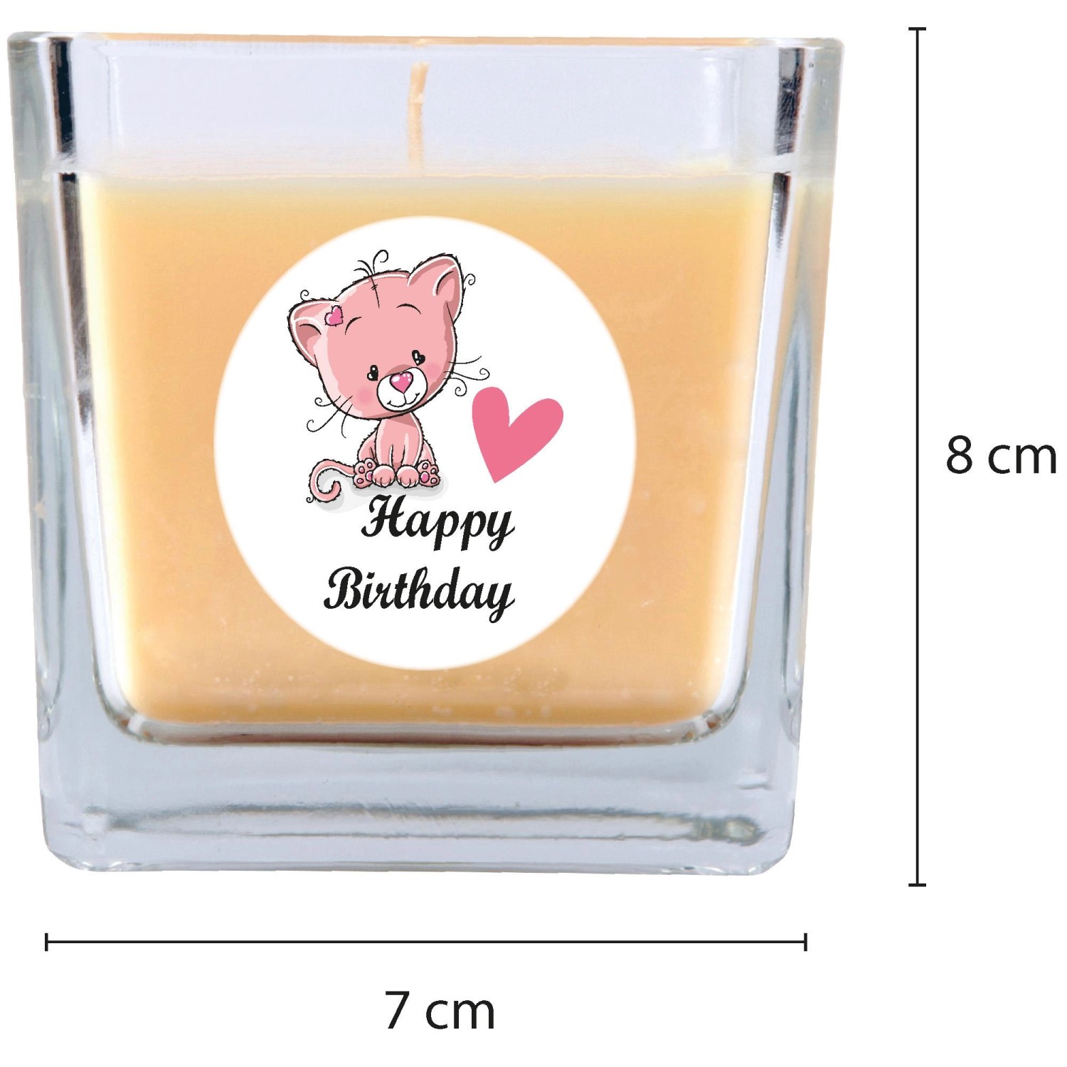 Viereckige Duftkerze im Glas mit Katzenmotiv und "Happy Birthday" Schriftzug.
