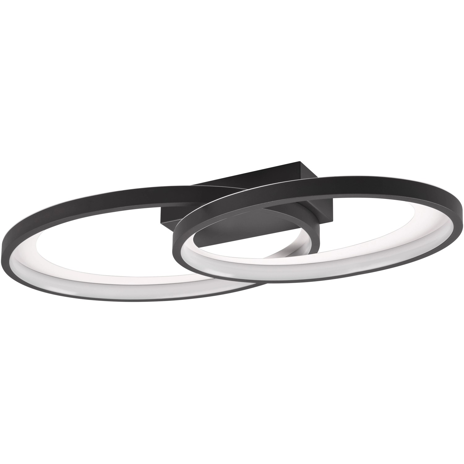 Moderne LED Deckenleuchte Malaga in Schwarz-Weiß mit zwei ineinander verschlungenen Ringen.