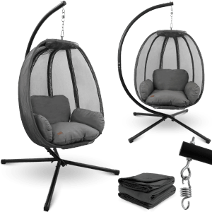 Grauer deluxe4home Hängesessel mit Gestell, Kuscheldecke für Indoor & Outdoor.