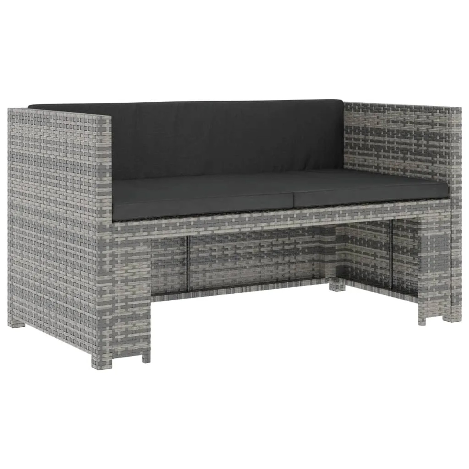 Graue vidaXL Gartenbank aus Rattan mit dunklen Auflagen, Teil eines 5-tlg. Lounge Sets.