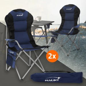 Hauki Campingstuhl 2er Set, faltbar, blau, mit Getränkehalter und Tragetasche.