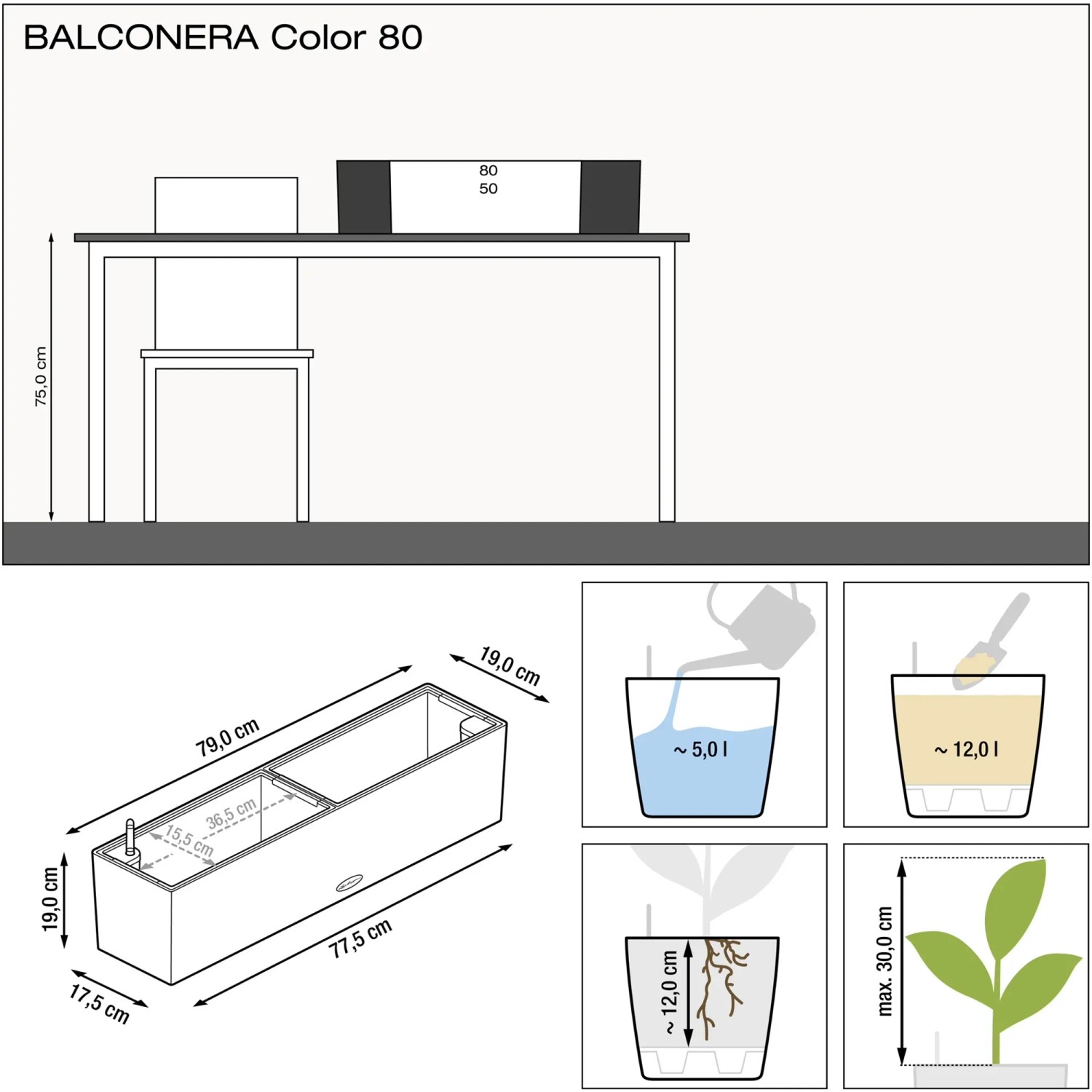 Lechuza Balconera Color 80, pastellgrün, 79x19cm, Schema mit Maßen und Füllmengen für Bewässerung.