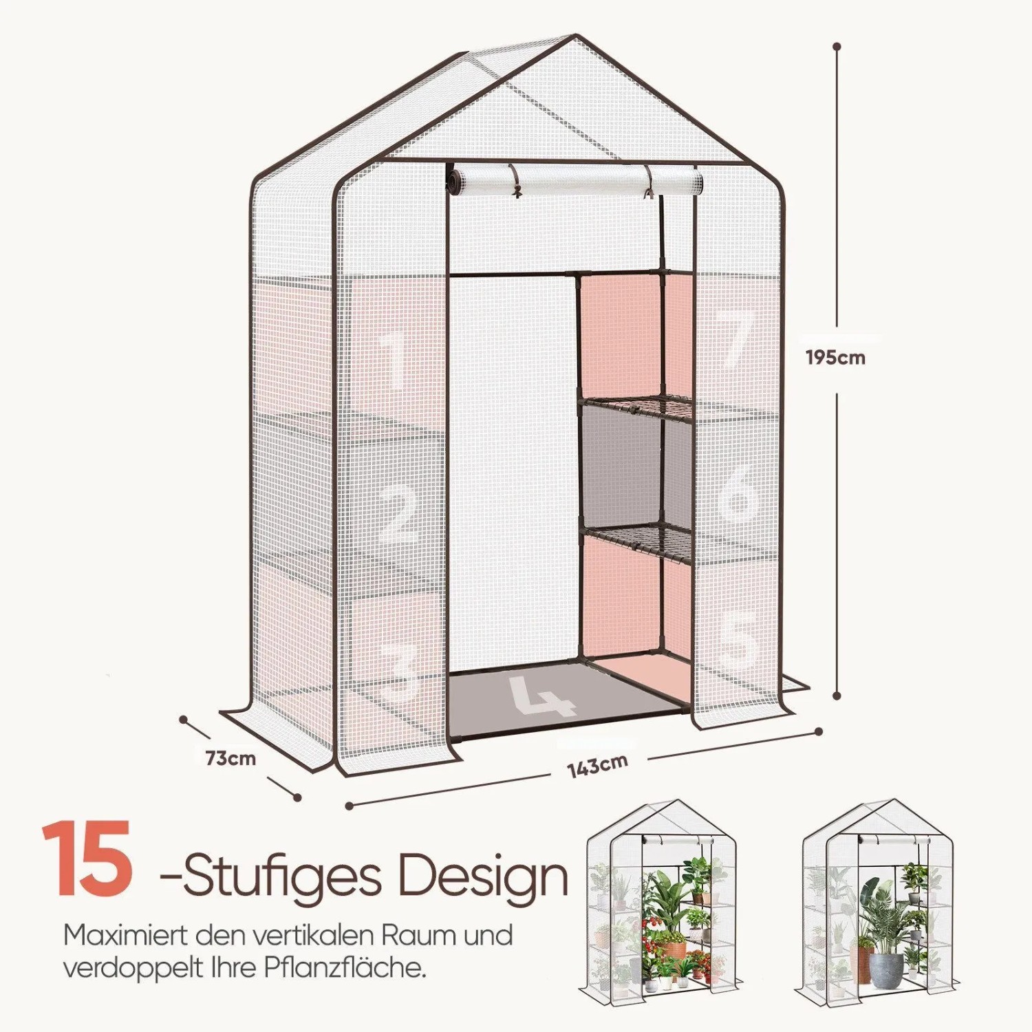 Sekey Foliengewächshaus 143x73x195cm mit transparenter Plane, braunem Rahmen und 4 Regalebenen für Pflanzen.