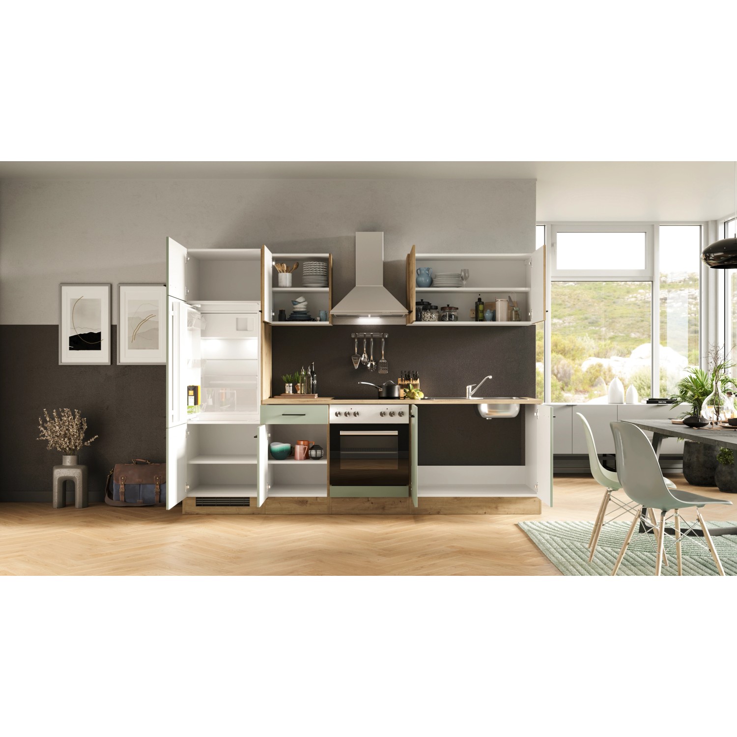Moderne Küchenzeile Cara in Schilfgrün und Artisan Eiche Optik mit E-Geräten und Spüle.
