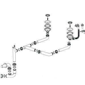 Miló Röhrensiphon-Set für Doppelbecken, Ø 114mm, mit Ab- und Überlaufgarnitur und Plastikrohren.