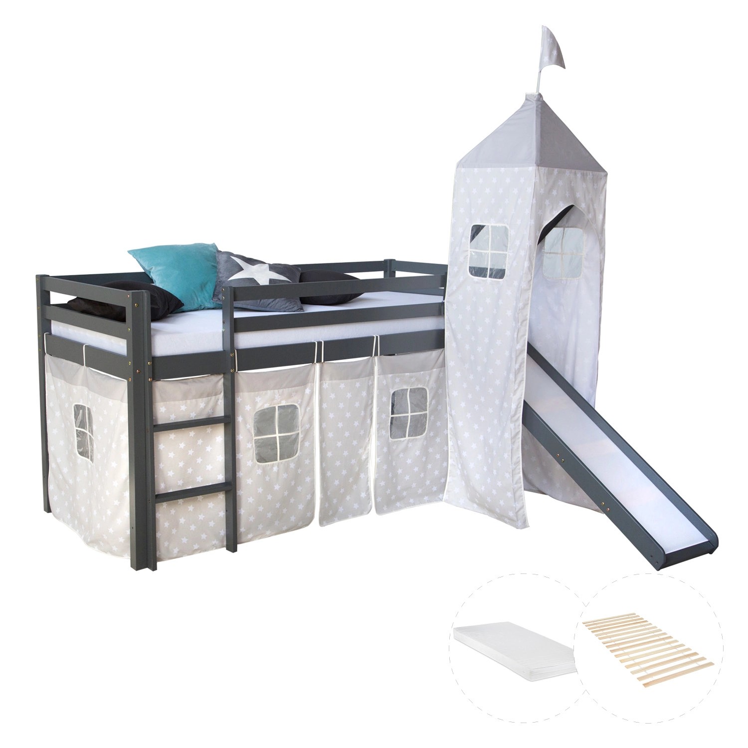 Homestyle4u Kinderhochbett 90x200 Grau mit Lattenrost Rutsche Matratze 2786 günstig online kaufen
