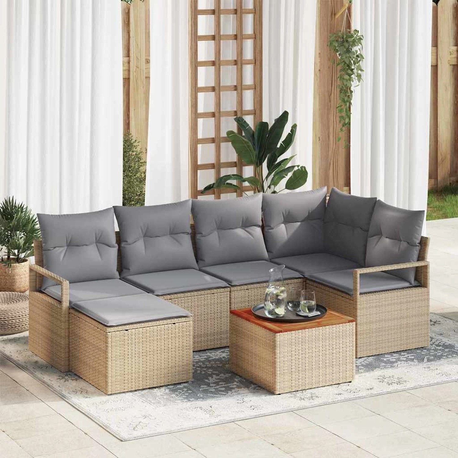 vidaXL Garten-Sofa-Set mit Kissen 7-Tlg Beige Poly Rattan 3347728 günstig online kaufen