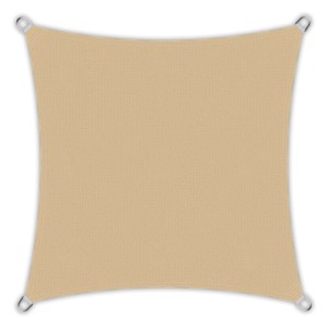 Quadratisches, sandfarbenes Toldoro Sonnensegel 5x5m aus HDPE-Gewebe mit UV-Schutz für den Garten.