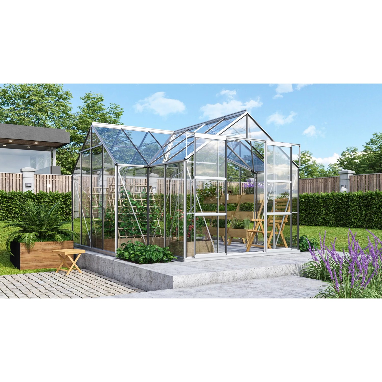 Vitavia Gewächshaus Sirius mit Alu-Rahmen und Fundament im Garten.