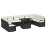 Schwarzes 11-tlg. vidaXL Garten-Sofa-Set aus Poly Rattan mit Tisch und cremefarbenen Kissen.