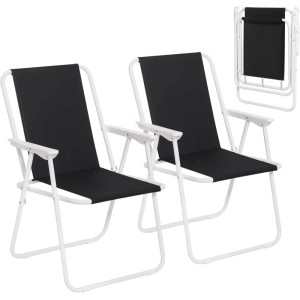 WOLTU Campingstuhl 2er Set, faltbar, schwarz, mit weißem Gestell.