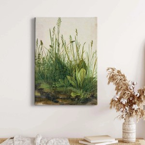 Leinwandbild mit Wiese in Grün und Beige, botanisches Wandbild im Landhausstil, Hochformat.