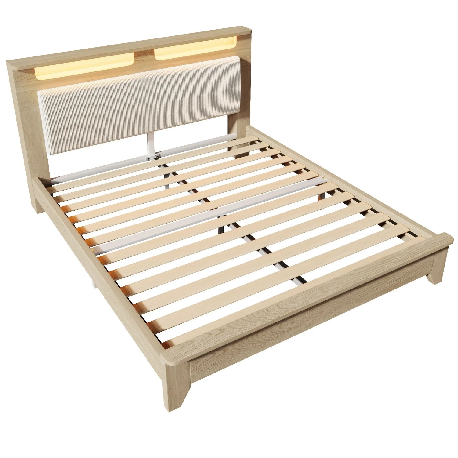 Merax Holzbett 140x200cm LED Stauraum Kopfteil Eiche