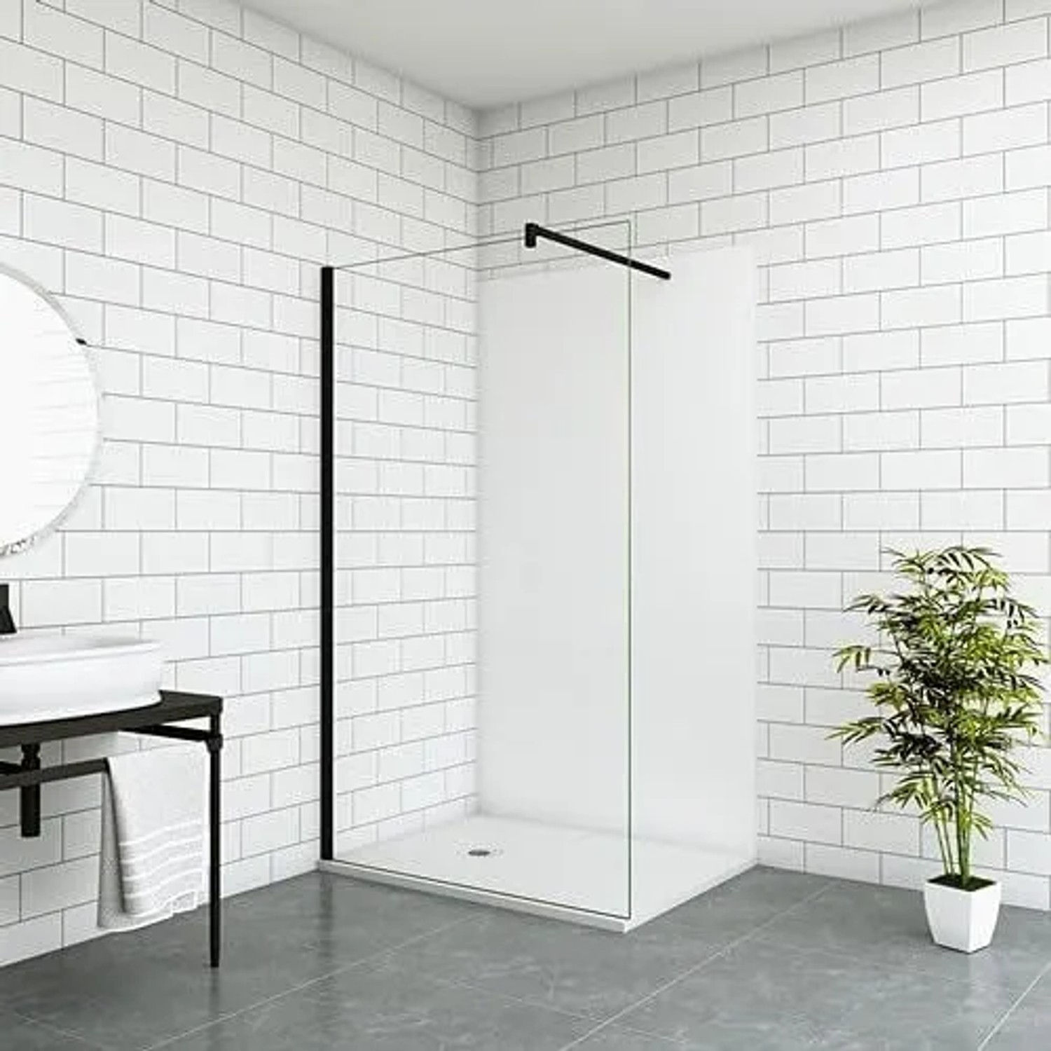 Matte weiße Duschrückwand 40x210cm aus Aluverbundplatte als Fliesenersatz im modernen Bad.