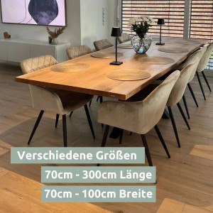 Esstisch: Holz4home Tischplatte aus Eiche mit Baumkante, 280x100 cm. Massivholz Tisch mit Stühlen.
