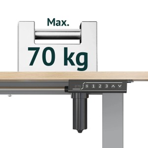 Graues, elektrisch höhenverstellbares Schreibtischgestell Svita Jiri mit Bedienfeld und Gewichtsangabe.