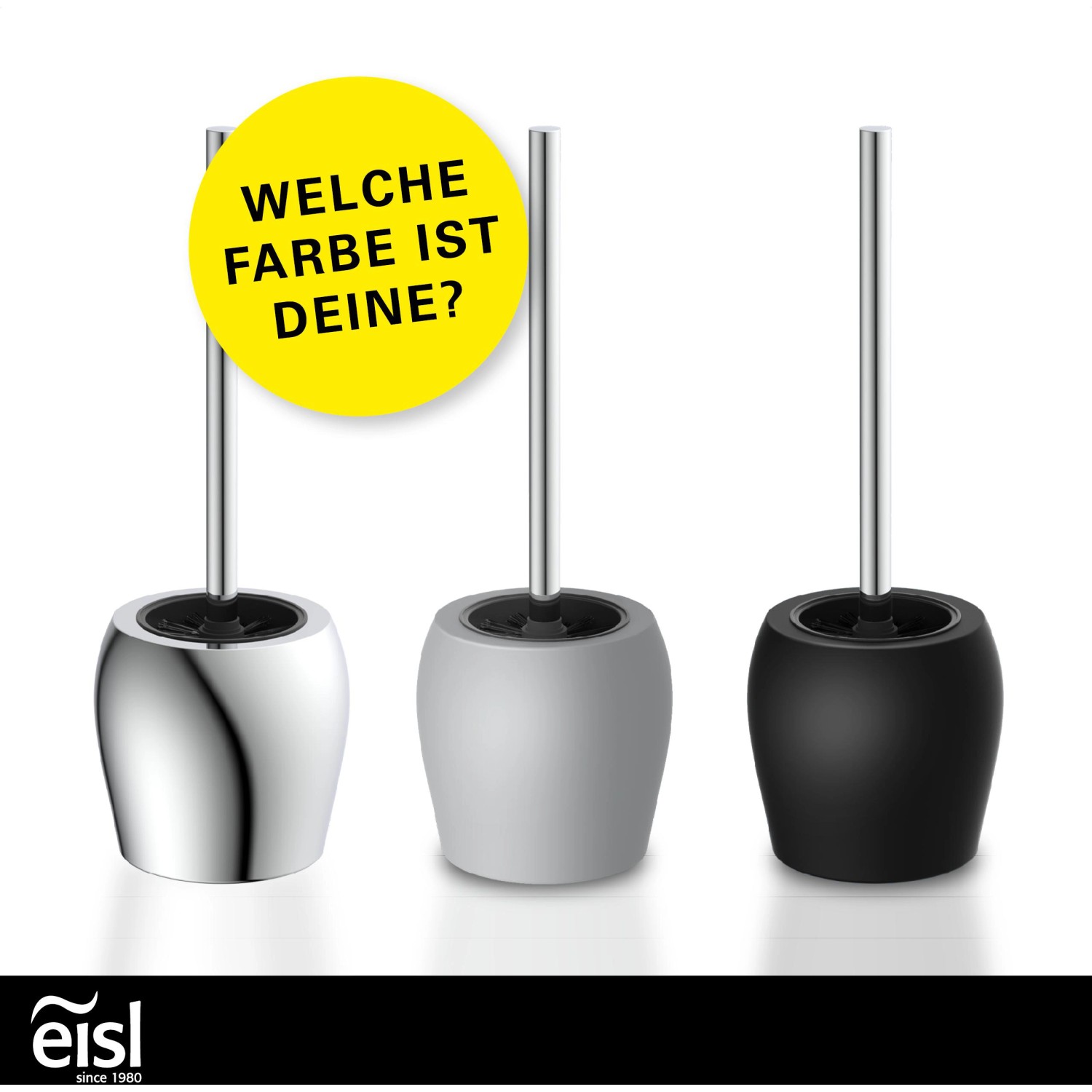 Eisl WC-Bürstenhalter in Chrom, Grau und Schwarz. WC-Bürste mit Behälter für Badezimmer und Gäste-WC.