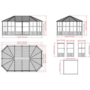 Technische Zeichnung: Sojag Pavillon Charleston 384x594 cm, Maße und Details für Aufbau.